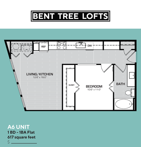 Floor plan for 1 bed, 1 bath, 617 sqft